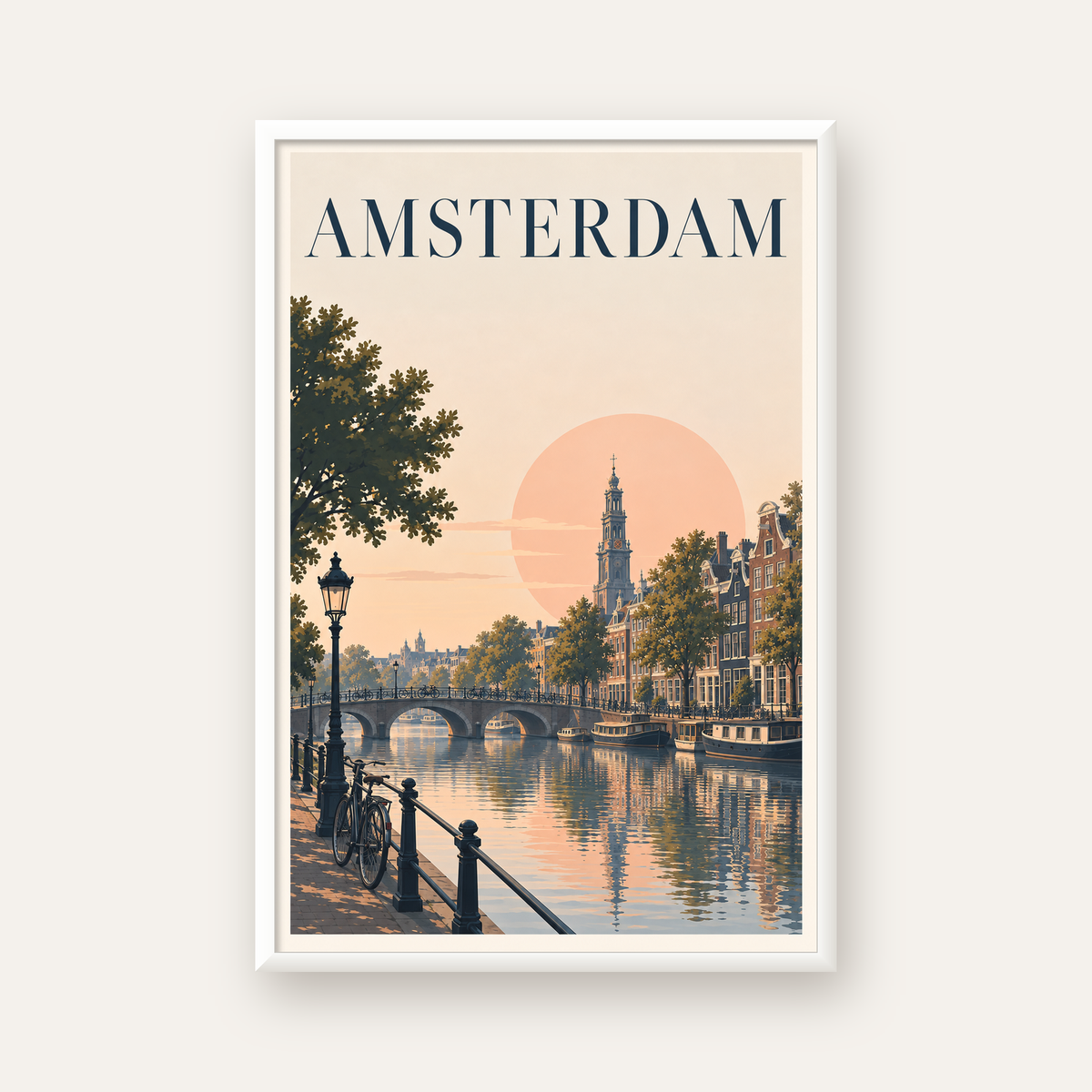 Amsterdam Kanalı ve Şehir Silüeti Pastel Poster — beyaz çerçeveli dikey poster