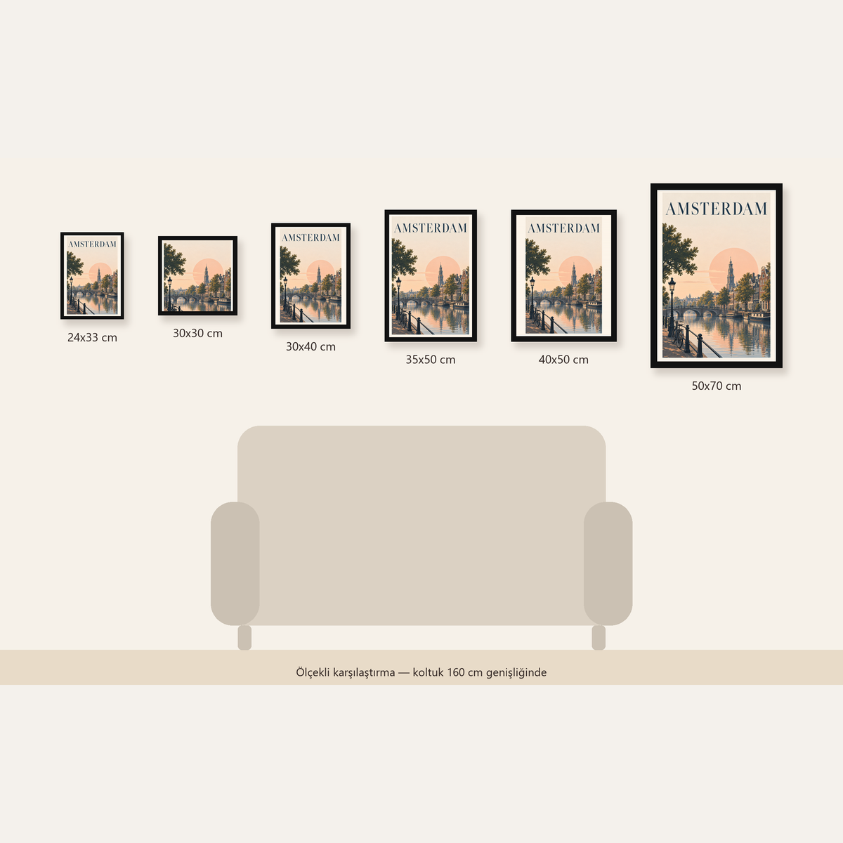 Amsterdam Kanalı ve Şehir Silüeti Pastel Poster — Dikey ölçülerinin karşılaştırması