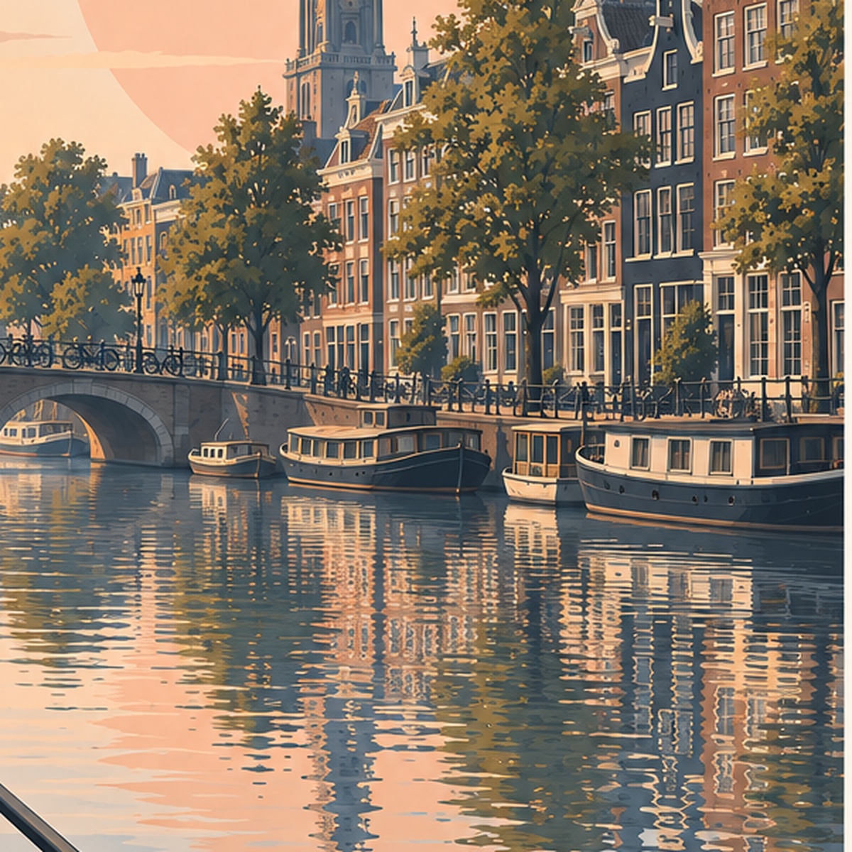 Amsterdam Kanalı ve Şehir Silüeti Pastel Poster — baskının yakın çekimi, kâğıt dokusu ve renk detayı
