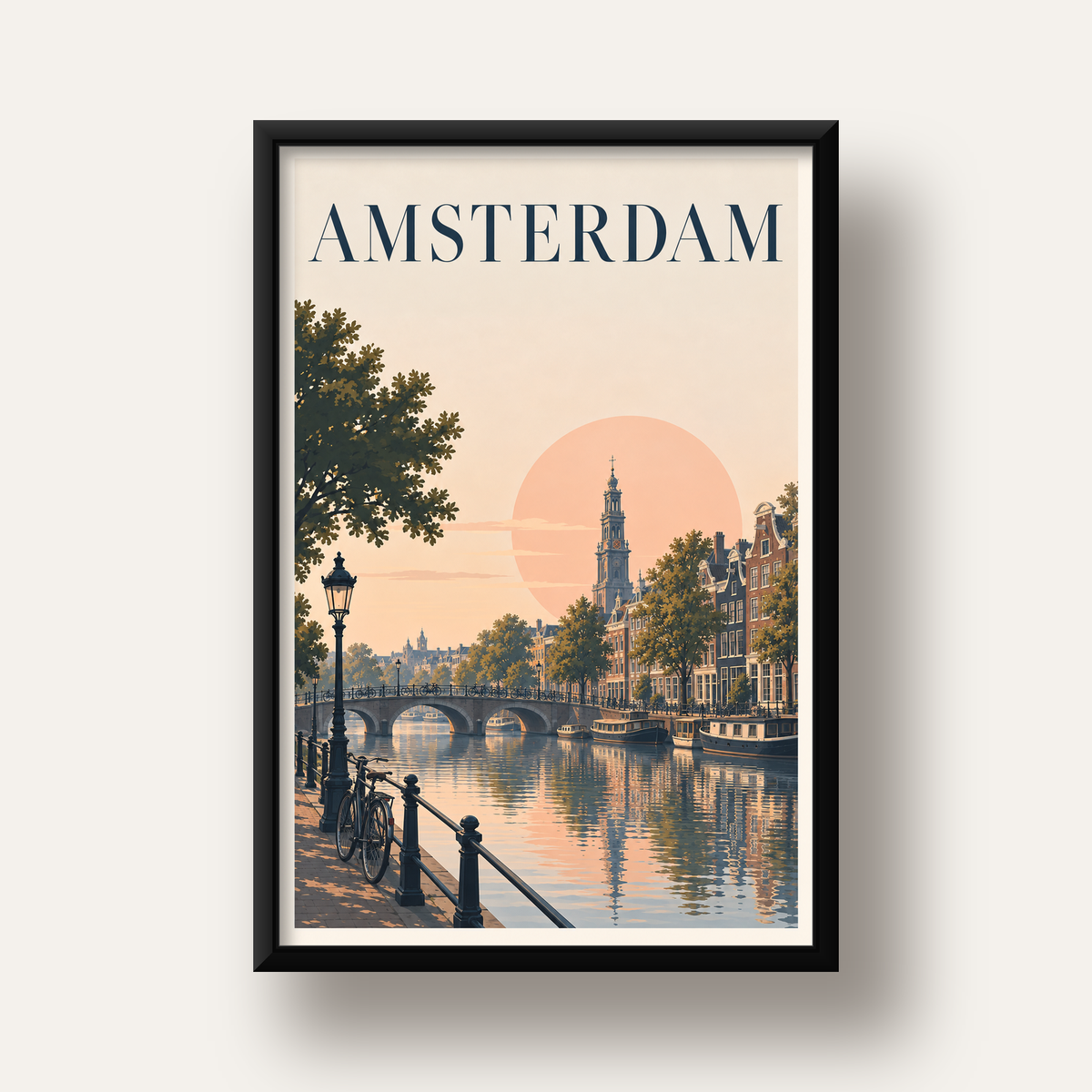 Amsterdam Kanalı ve Şehir Silüeti Pastel Poster — siyah derin çerçeveli