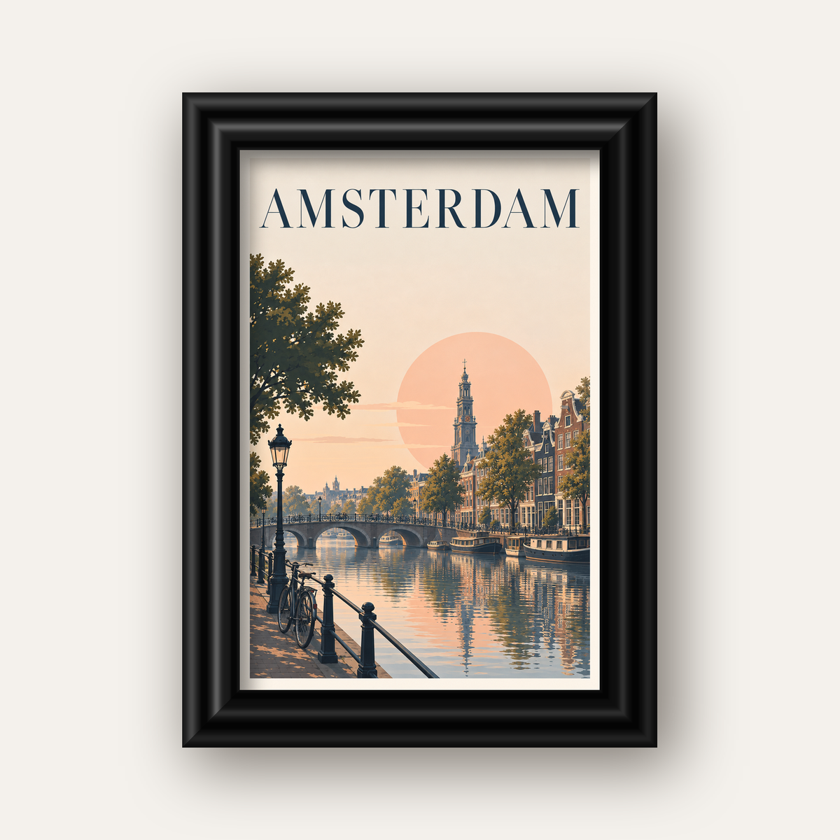 Amsterdam Kanalı ve Şehir Silüeti Pastel Poster — siyah galeri çerçeveli