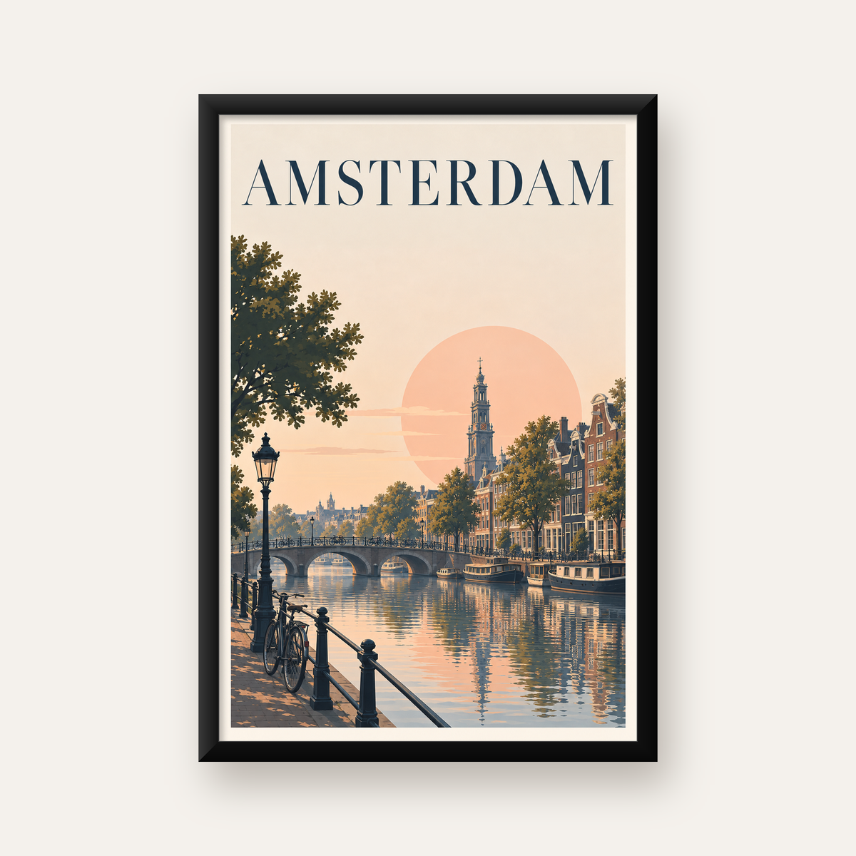 Amsterdam Kanalı ve Şehir Silüeti Pastel Poster — Dikey baskı, düz siyah çerçeveli duvar posteri