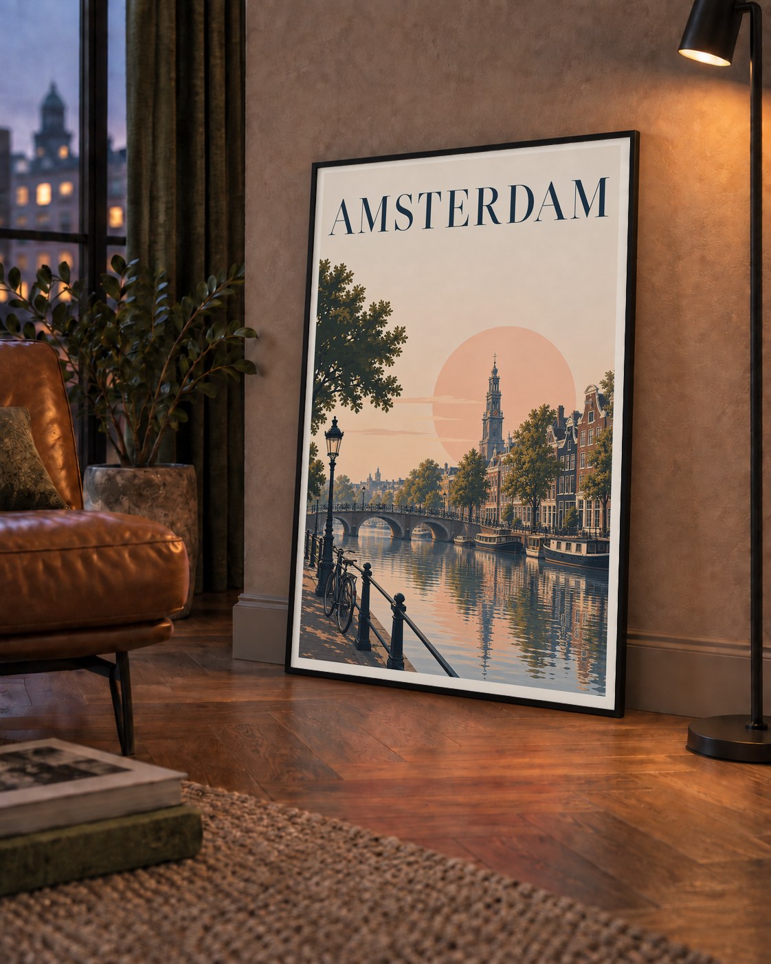 Amsterdam Kanalı ve Şehir Silüeti Pastel Poster — çerçeveli hâliyle bir ev duvarında