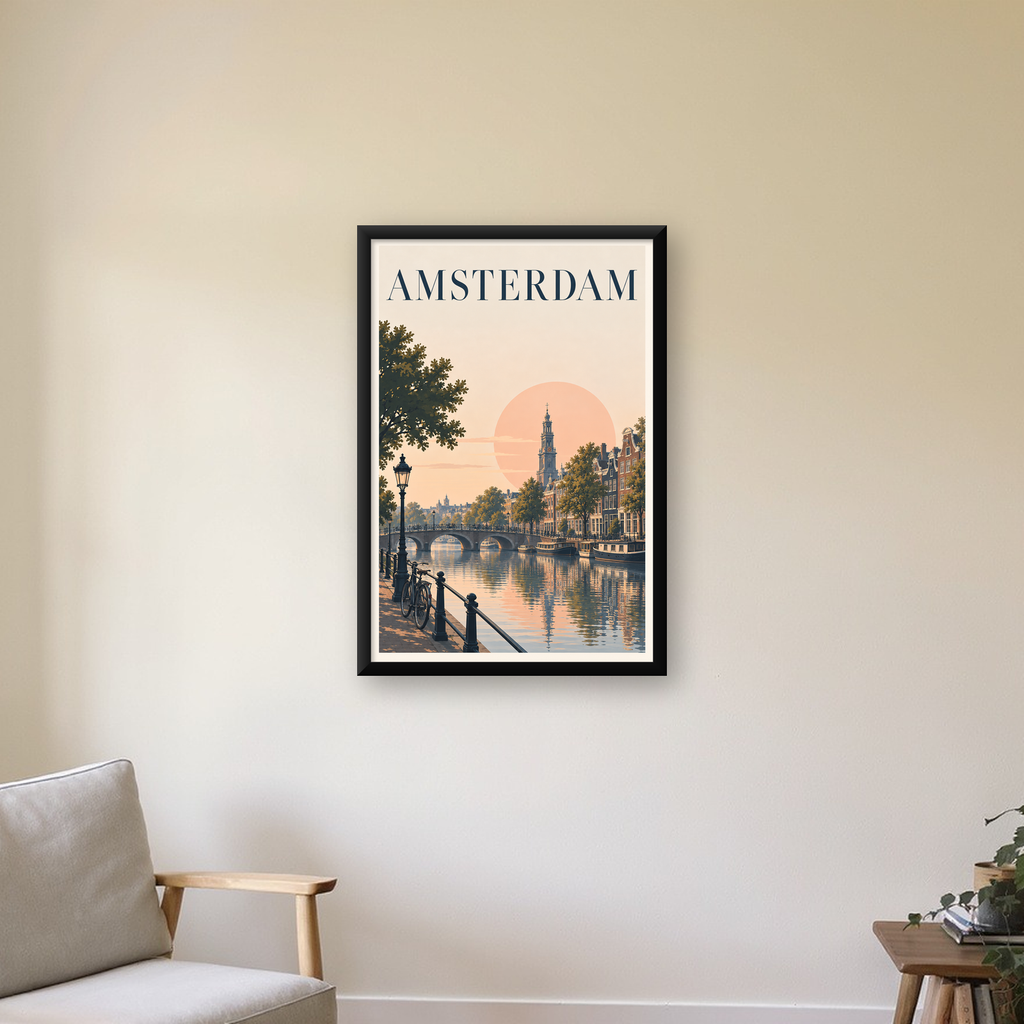 Amsterdam Kanalı ve Şehir Silüeti Pastel Poster — Dikey baskı, çerçeveli hâliyle bir ev duvarında