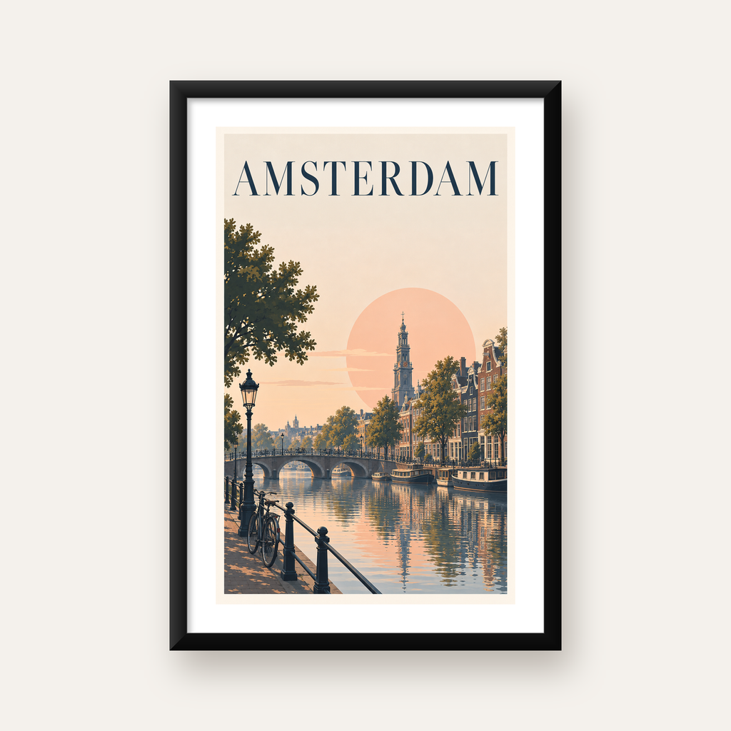 Amsterdam Kanalı ve Şehir Silüeti Pastel Poster — Dikey baskı, beyaz paspartulu