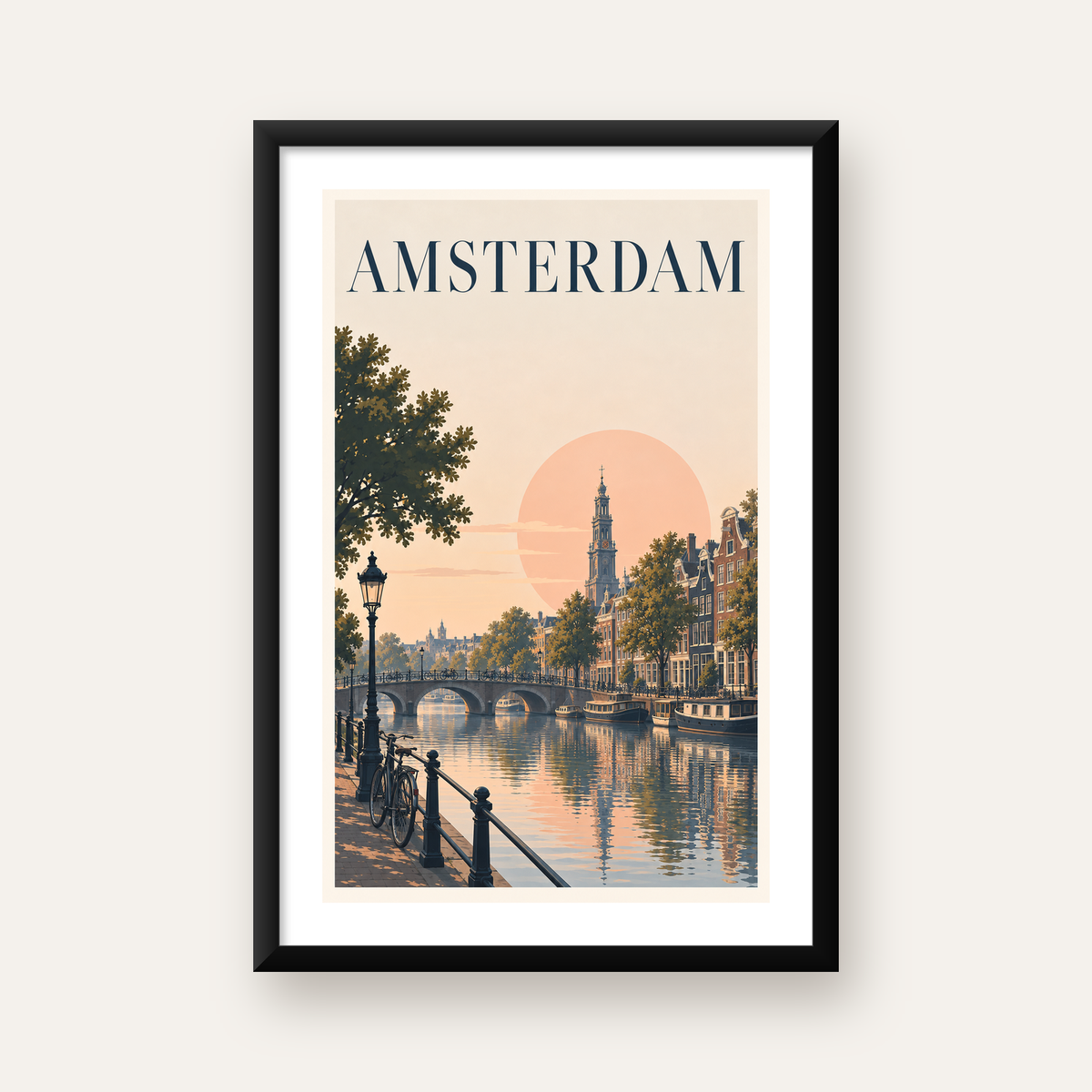 Amsterdam Kanalı ve Şehir Silüeti Pastel Poster — Dikey baskı, beyaz paspartulu