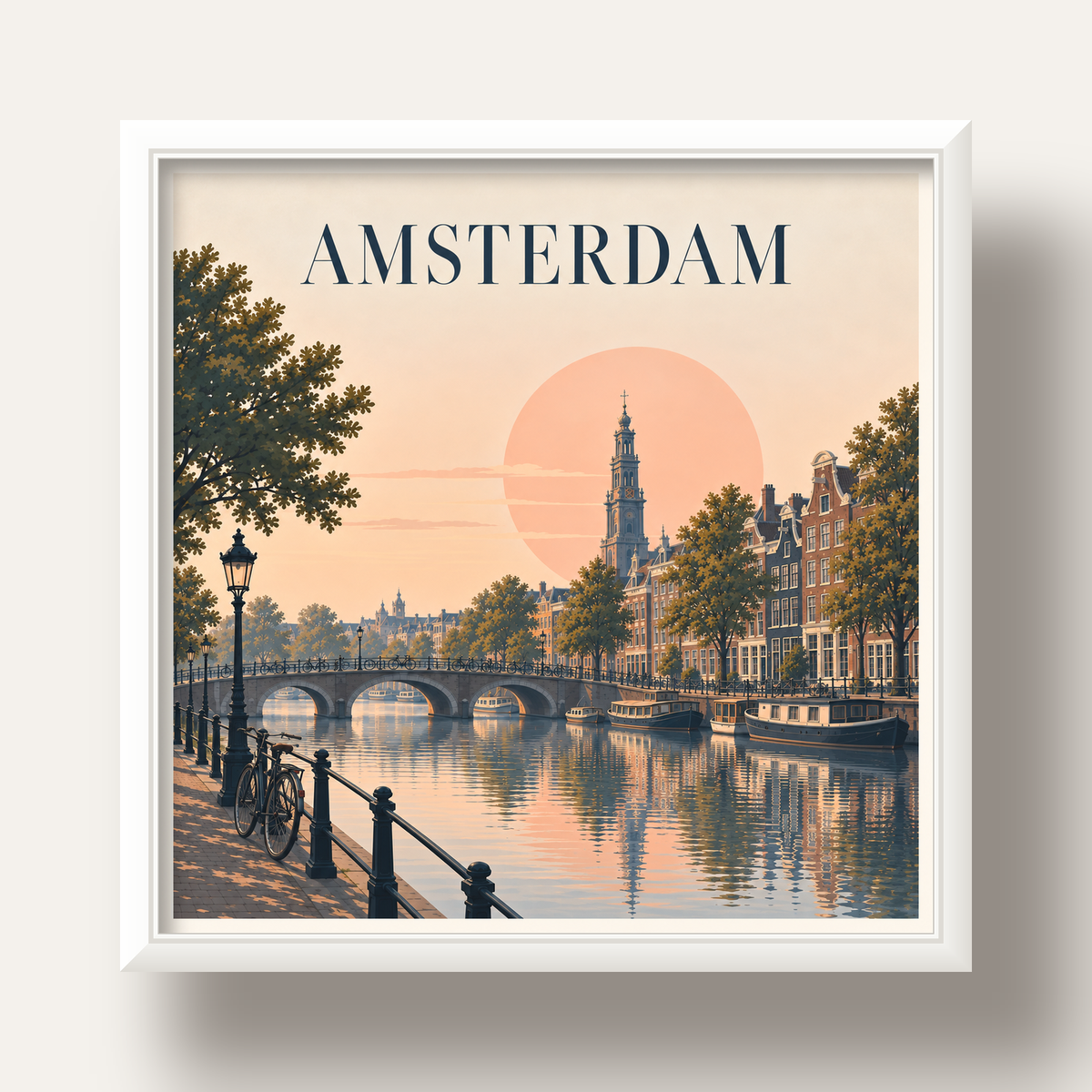 Amsterdam Kanalı ve Şehir Silüeti Pastel Poster — beyaz derin çerçeveli