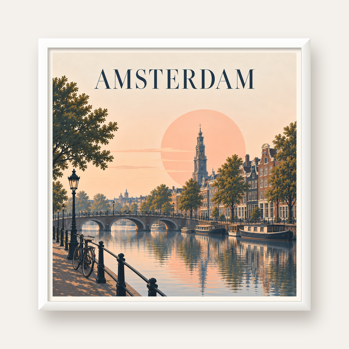 Amsterdam Kanalı ve Şehir Silüeti Pastel Poster — beyaz çerçeveli kare poster
