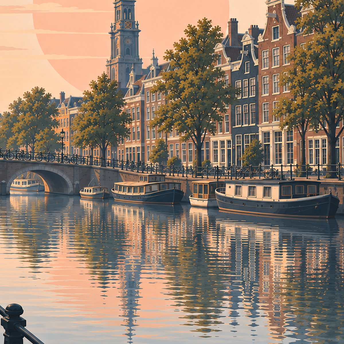 Amsterdam Kanalı ve Şehir Silüeti Pastel Poster — baskının yakın çekimi, kâğıt dokusu ve renk detayı