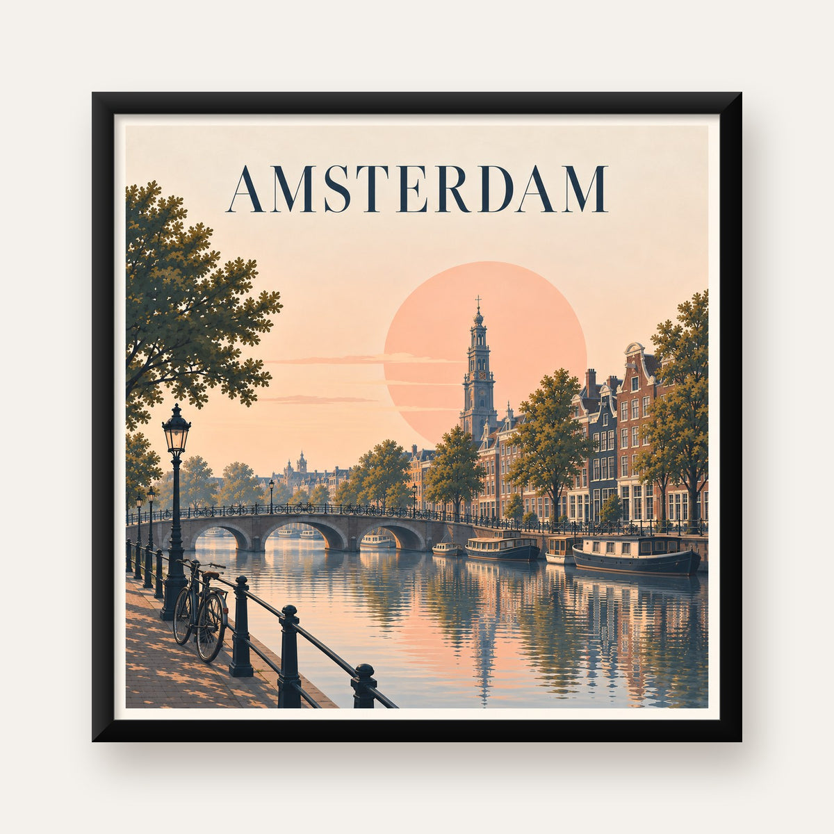 Amsterdam Kanalı ve Şehir Silüeti Pastel Poster — Kare baskı, düz siyah çerçeveli duvar posteri