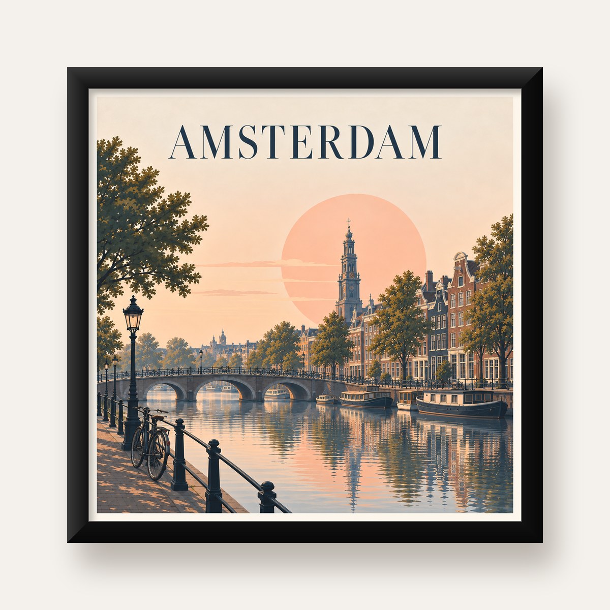 Amsterdam Kanalı ve Şehir Silüeti Pastel Poster — Kare baskı, düz siyah çerçeveli duvar posteri