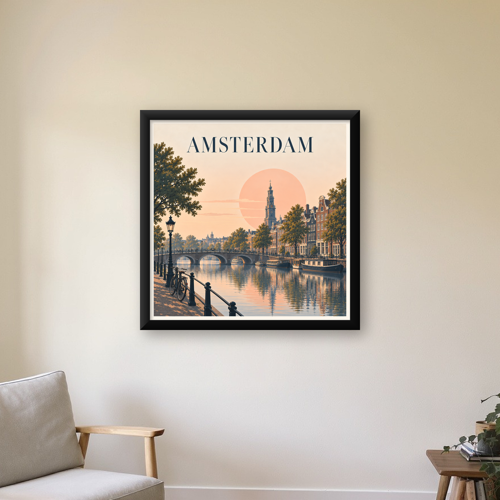 Amsterdam Kanalı ve Şehir Silüeti Pastel Poster — Kare baskı, çerçeveli hâliyle bir ev duvarında