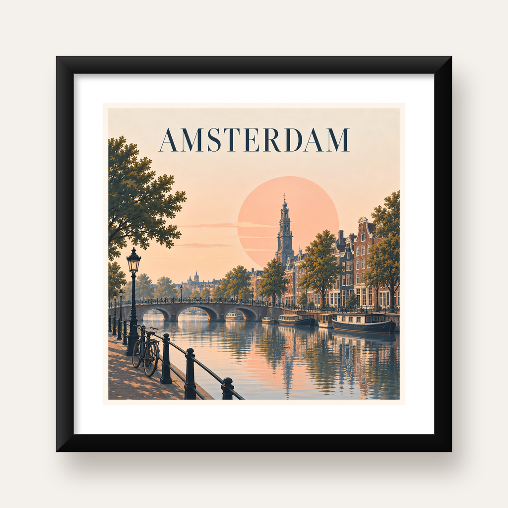 Amsterdam Kanalı ve Şehir Silüeti Pastel Poster — Kare baskı, beyaz paspartulu
