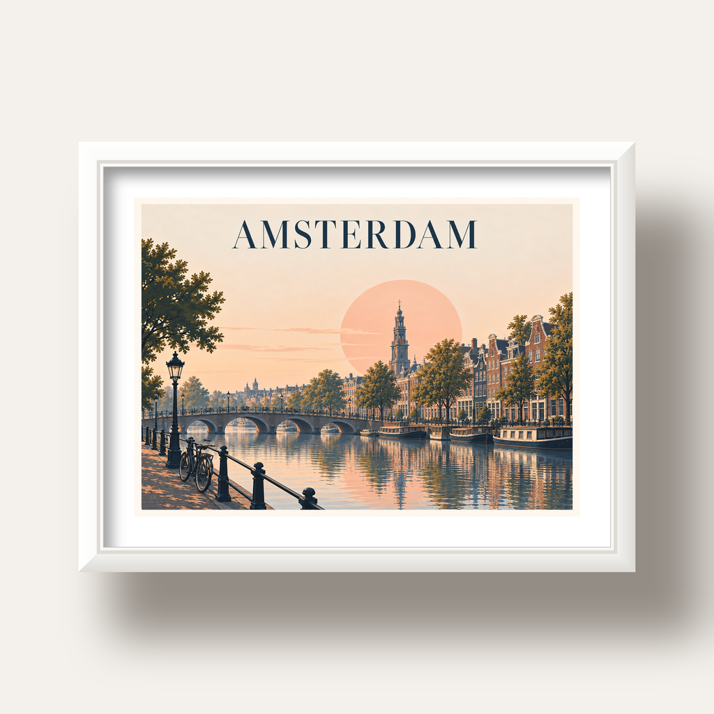 Amsterdam Kanalı ve Şehir Silüeti Pastel Poster — beyaz derin çerçeveli paspartulu