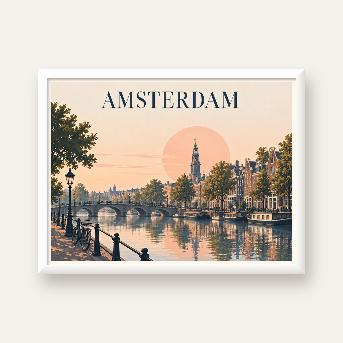 Amsterdam Kanalı ve Şehir Silüeti Pastel Poster — beyaz çerçeveli yatay poster