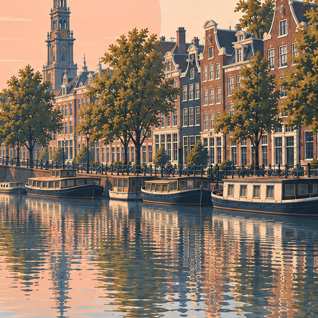 Amsterdam Kanalı ve Şehir Silüeti Pastel Poster — baskının yakın çekimi, kâğıt dokusu ve renk detayı