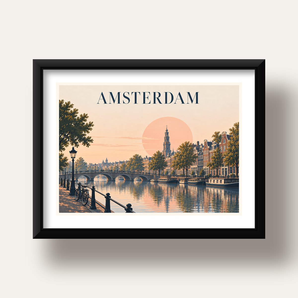 Amsterdam Kanalı ve Şehir Silüeti Pastel Poster — siyah derin çerçeveli paspartulu