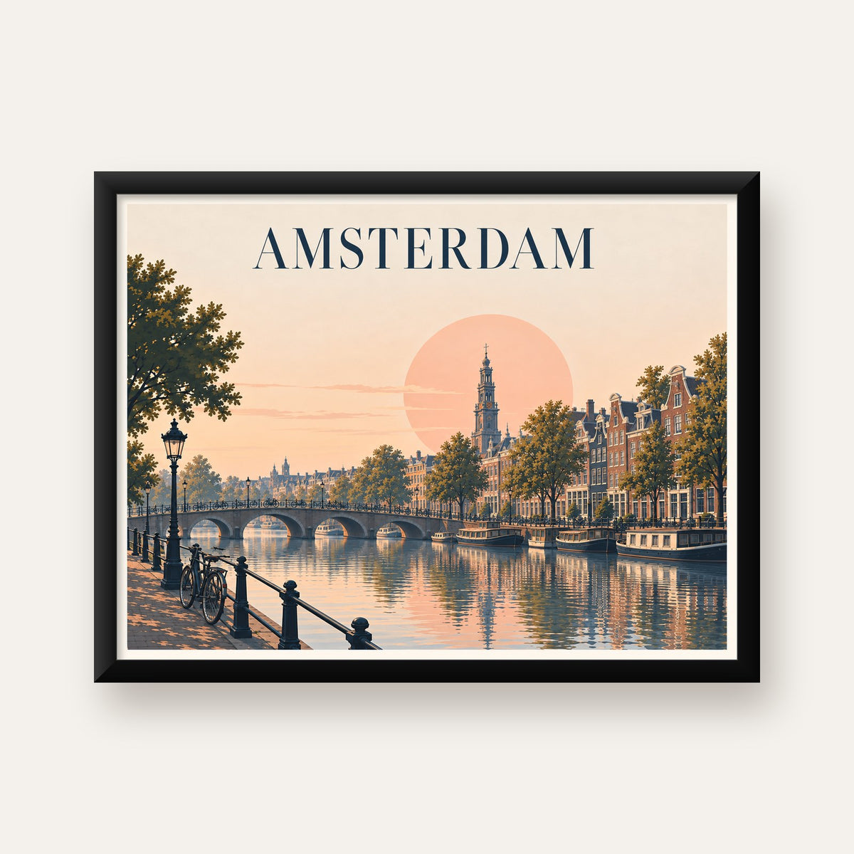 Amsterdam Kanalı ve Şehir Silüeti Pastel Poster — Yatay baskı, düz siyah çerçeveli duvar posteri