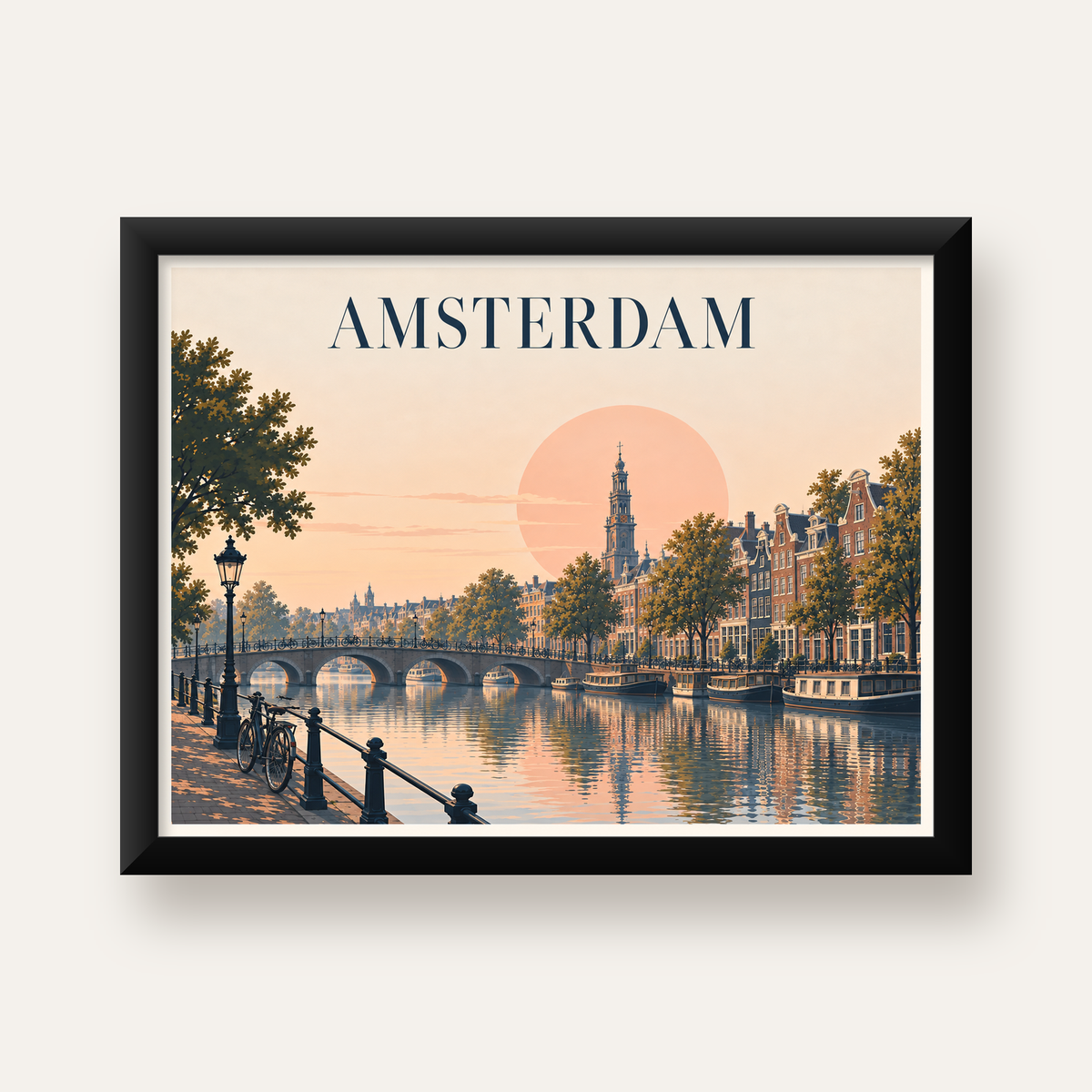 Amsterdam Kanalı ve Şehir Silüeti Pastel Poster — Yatay baskı, düz siyah çerçeveli duvar posteri