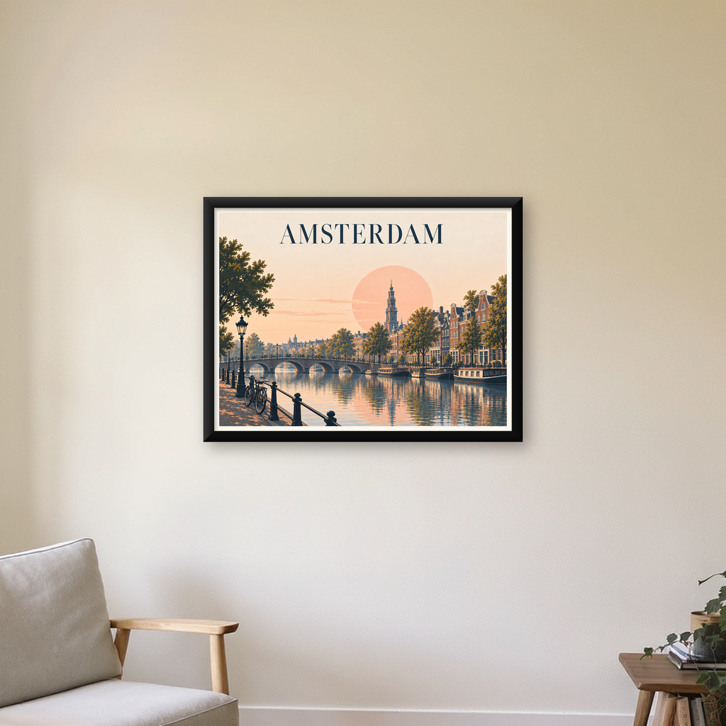 Amsterdam Kanalı ve Şehir Silüeti Pastel Poster — Yatay baskı, çerçeveli hâliyle bir ev duvarında