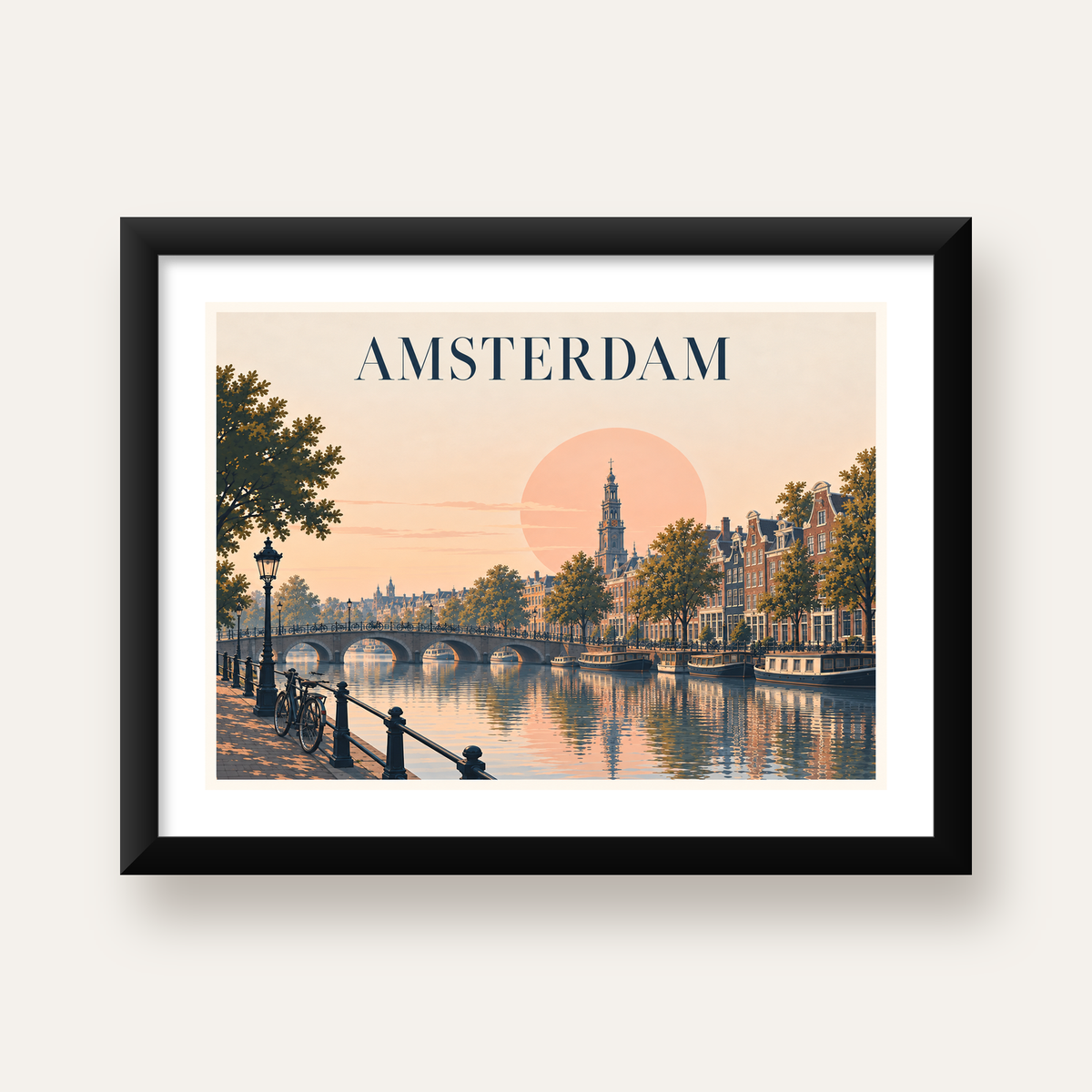 Amsterdam Kanalı ve Şehir Silüeti Pastel Poster — Yatay baskı, beyaz paspartulu