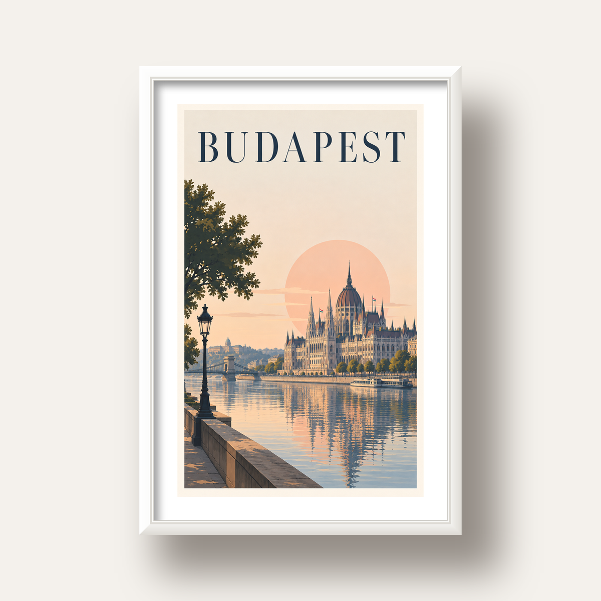 Budapeşte Şehir Manzarası Pastel Dijital Poster — beyaz derin çerçeveli paspartulu