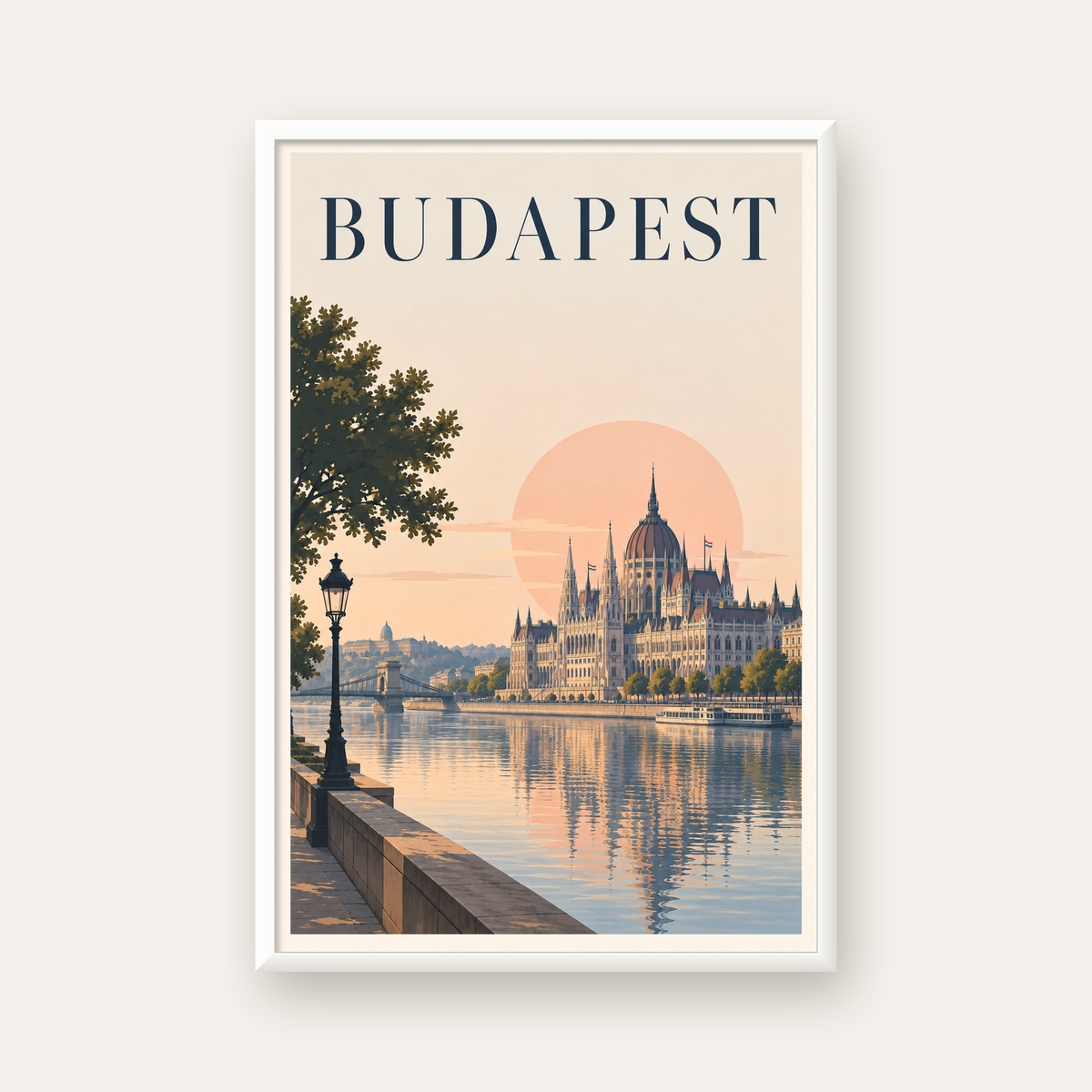 Budapeşte Şehir Manzarası Pastel Dijital Poster — beyaz çerçeveli dikey poster