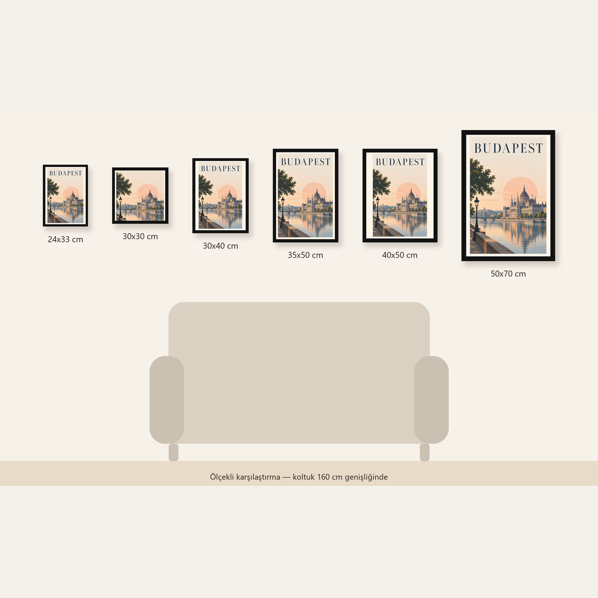 Budapeşte Şehir Manzarası Pastel Dijital Poster — Dikey ölçülerinin karşılaştırması