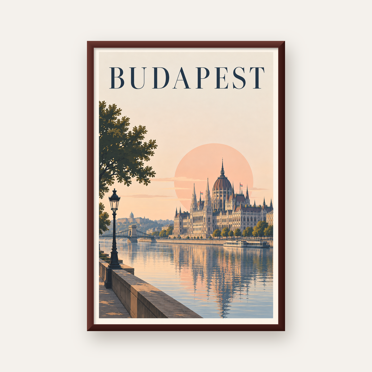 Budapeşte Şehir Manzarası Pastel Dijital Poster — ceviz çerçeveli