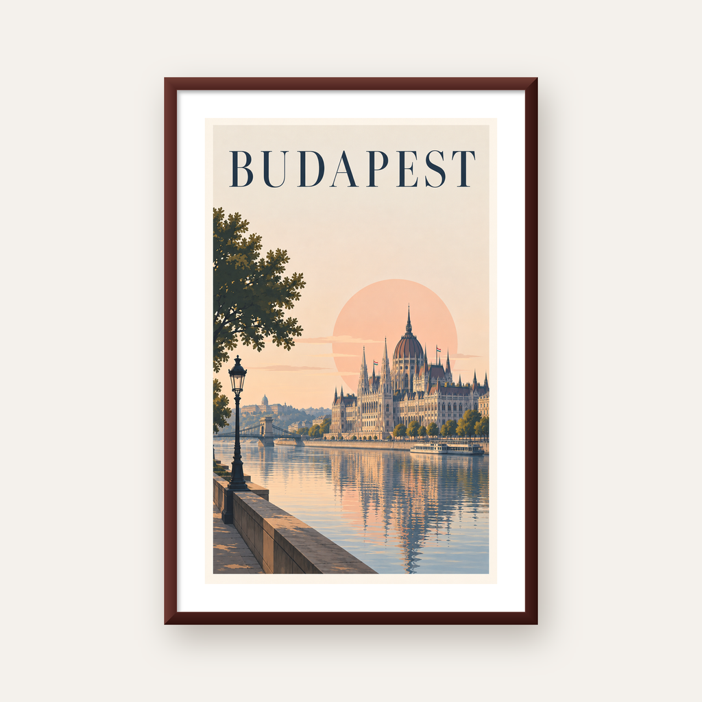 Budapeşte Şehir Manzarası Pastel Dijital Poster — ceviz çerçeveli paspartulu