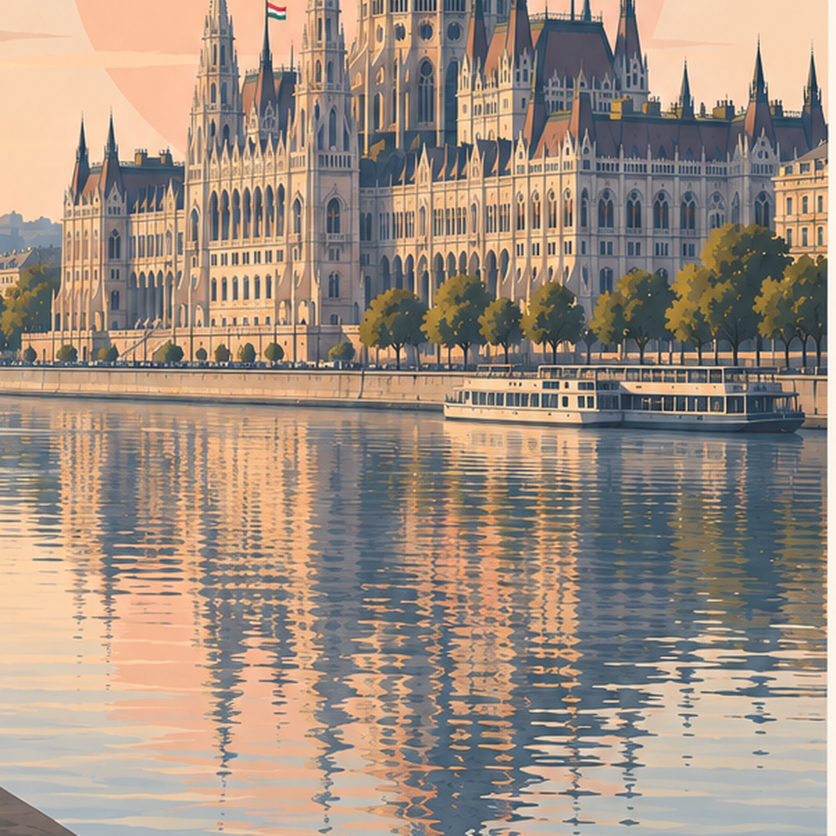 Budapeşte Şehir Manzarası Pastel Dijital Poster — baskının yakın çekimi, kâğıt dokusu ve renk detayı