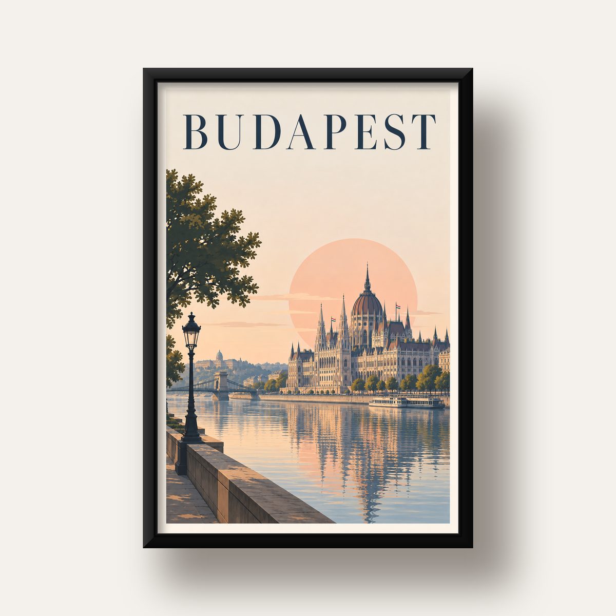 Budapeşte Şehir Manzarası Pastel Dijital Poster — siyah derin çerçeveli