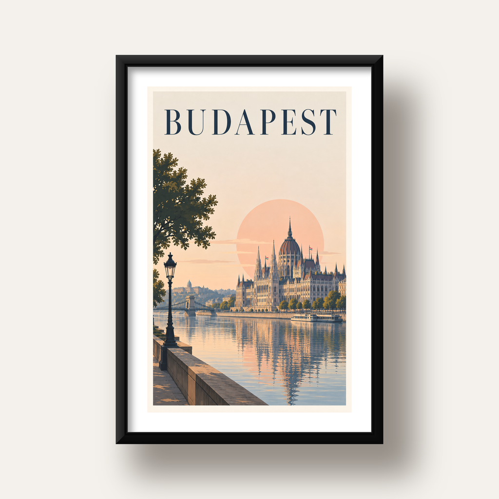 Budapeşte Şehir Manzarası Pastel Dijital Poster — siyah derin çerçeveli paspartulu