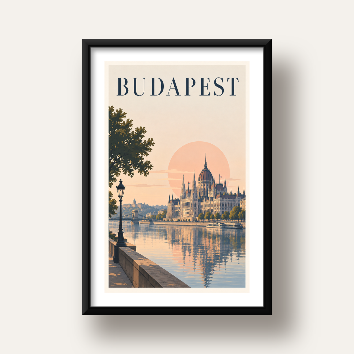 Budapeşte Şehir Manzarası Pastel Dijital Poster — siyah derin çerçeveli paspartulu
