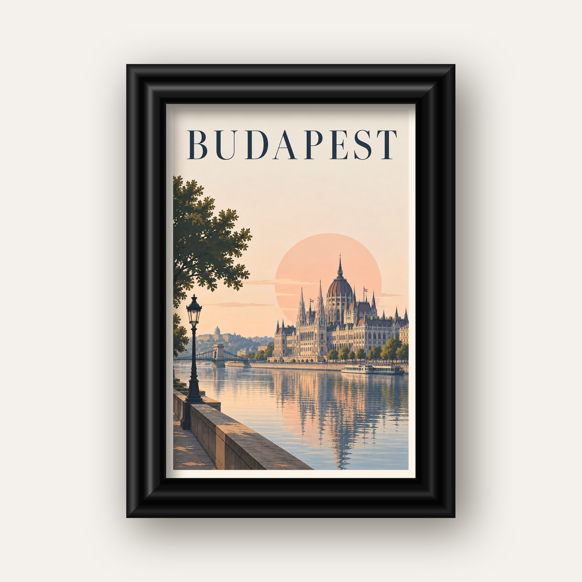 Budapeşte Şehir Manzarası Pastel Dijital Poster — siyah galeri çerçeveli