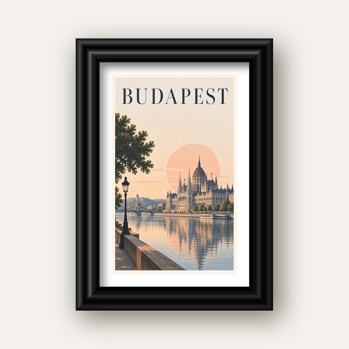 Budapeşte Şehir Manzarası Pastel Dijital Poster — siyah galeri çerçeveli paspartulu