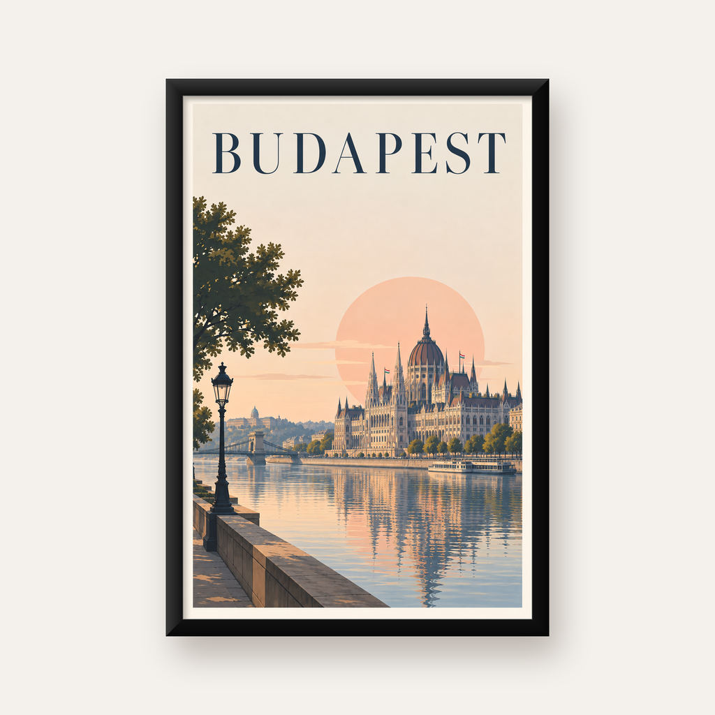 Budapeşte Şehir Manzarası Pastel Dijital Poster — Dikey baskı, düz siyah çerçeveli duvar posteri