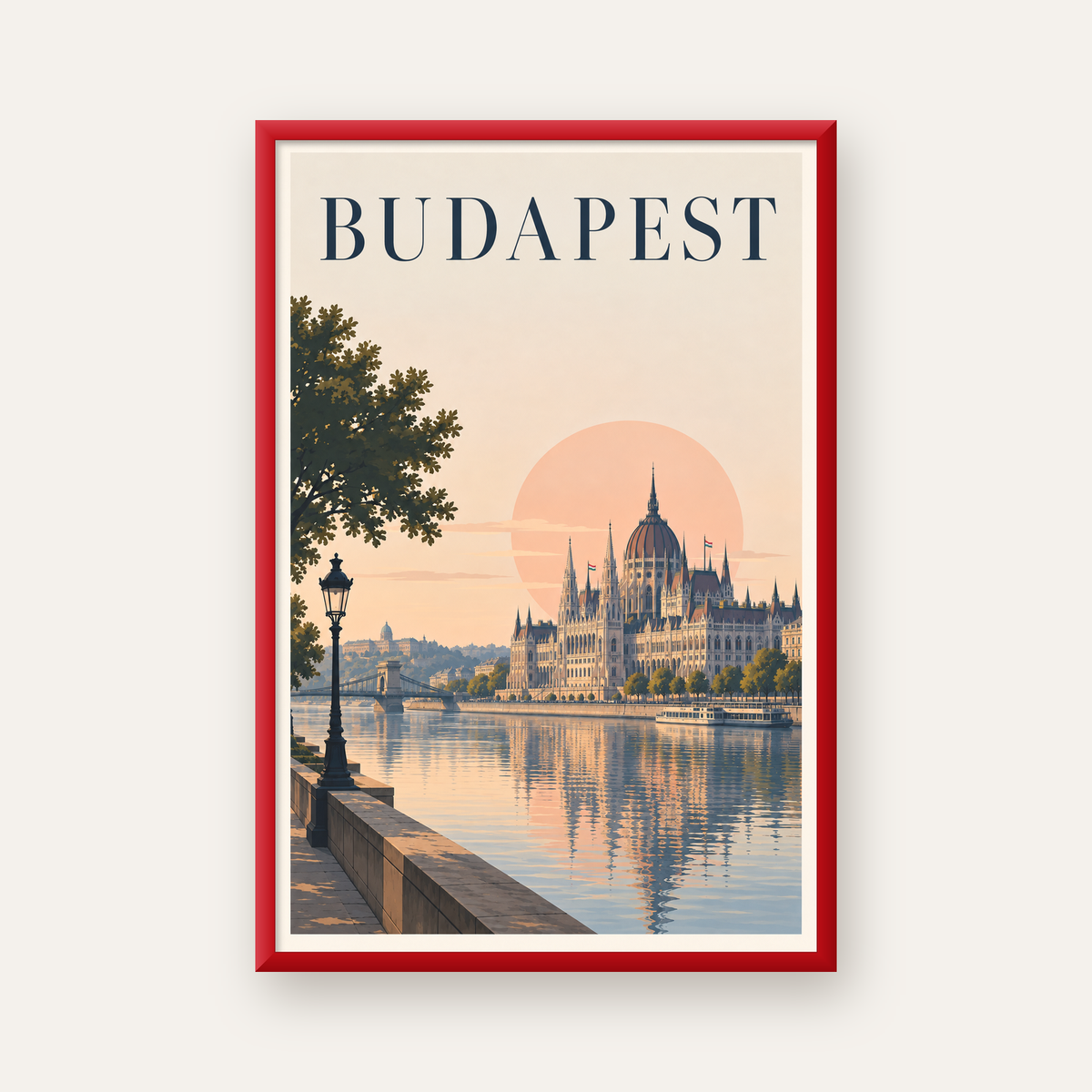 Budapeşte Şehir Manzarası Pastel Dijital Poster — kırmızı çerçeveli