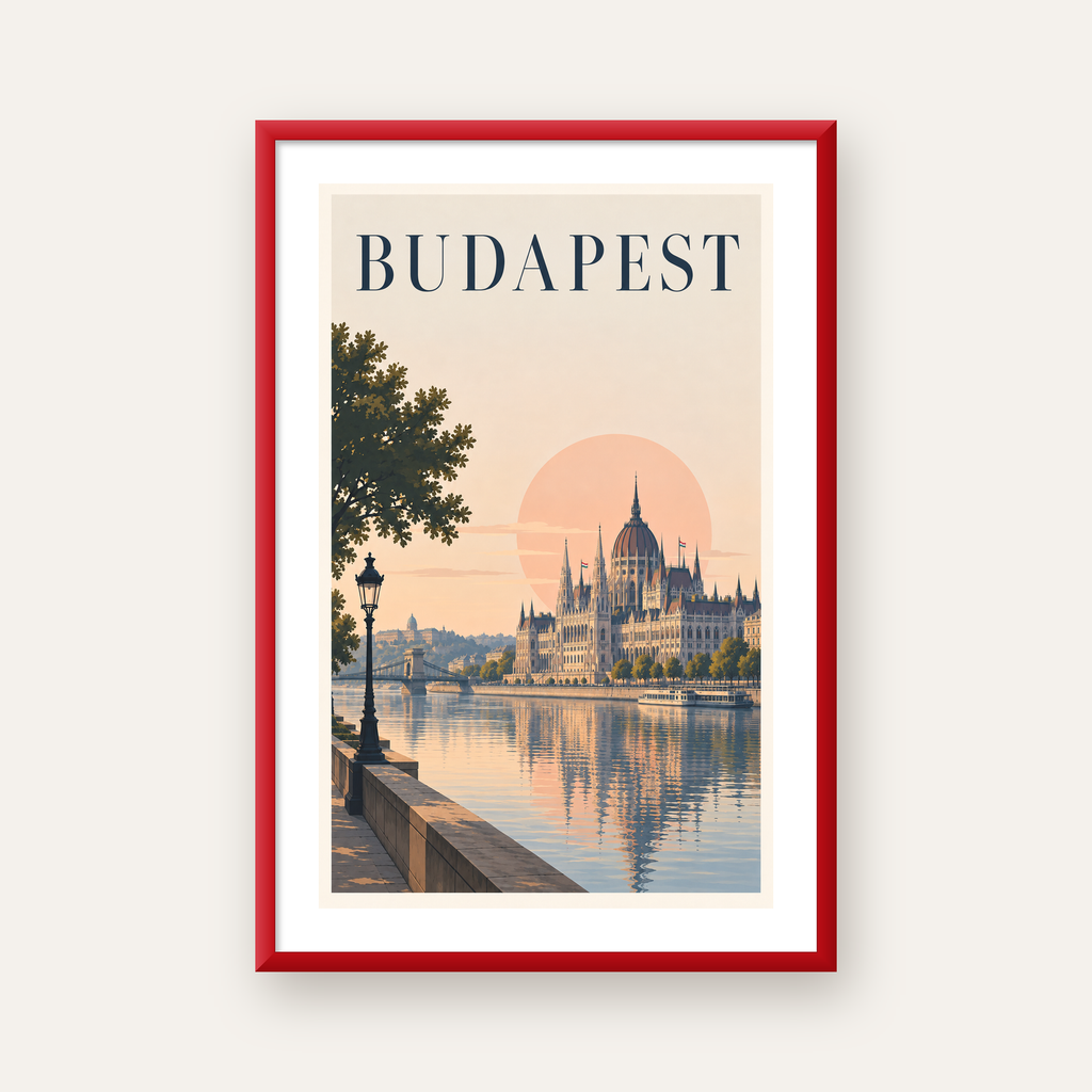 Budapeşte Şehir Manzarası Pastel Dijital Poster — kırmızı çerçeveli paspartulu