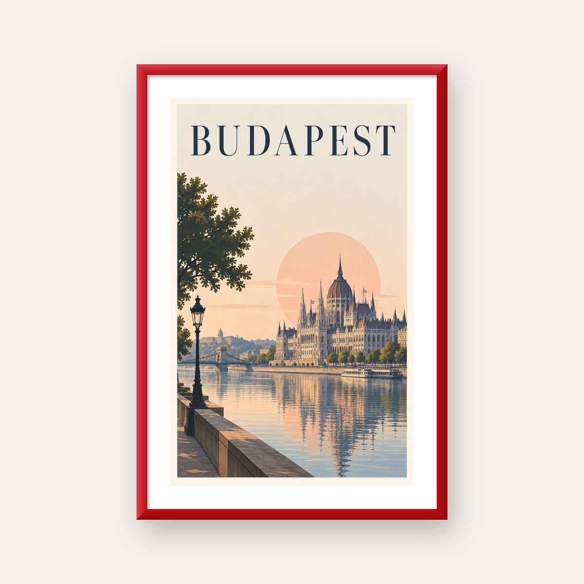 Budapeşte Şehir Manzarası Pastel Dijital Poster — kırmızı çerçeveli paspartulu