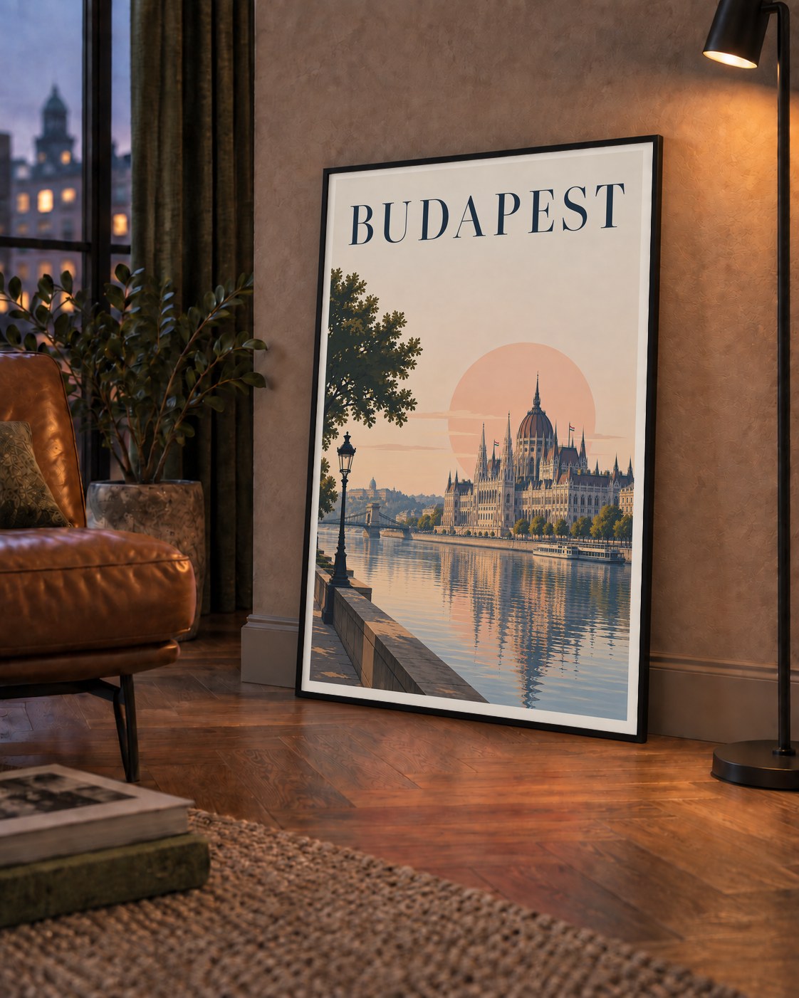 Budapeşte Şehir Manzarası Pastel Dijital Poster — çerçeveli hâliyle bir ev duvarında