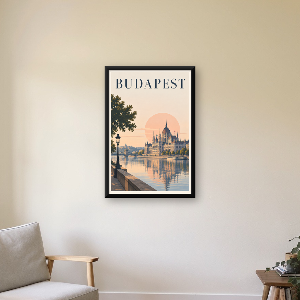 Budapeşte Şehir Manzarası Pastel Dijital Poster — Dikey baskı, çerçeveli hâliyle bir ev duvarında