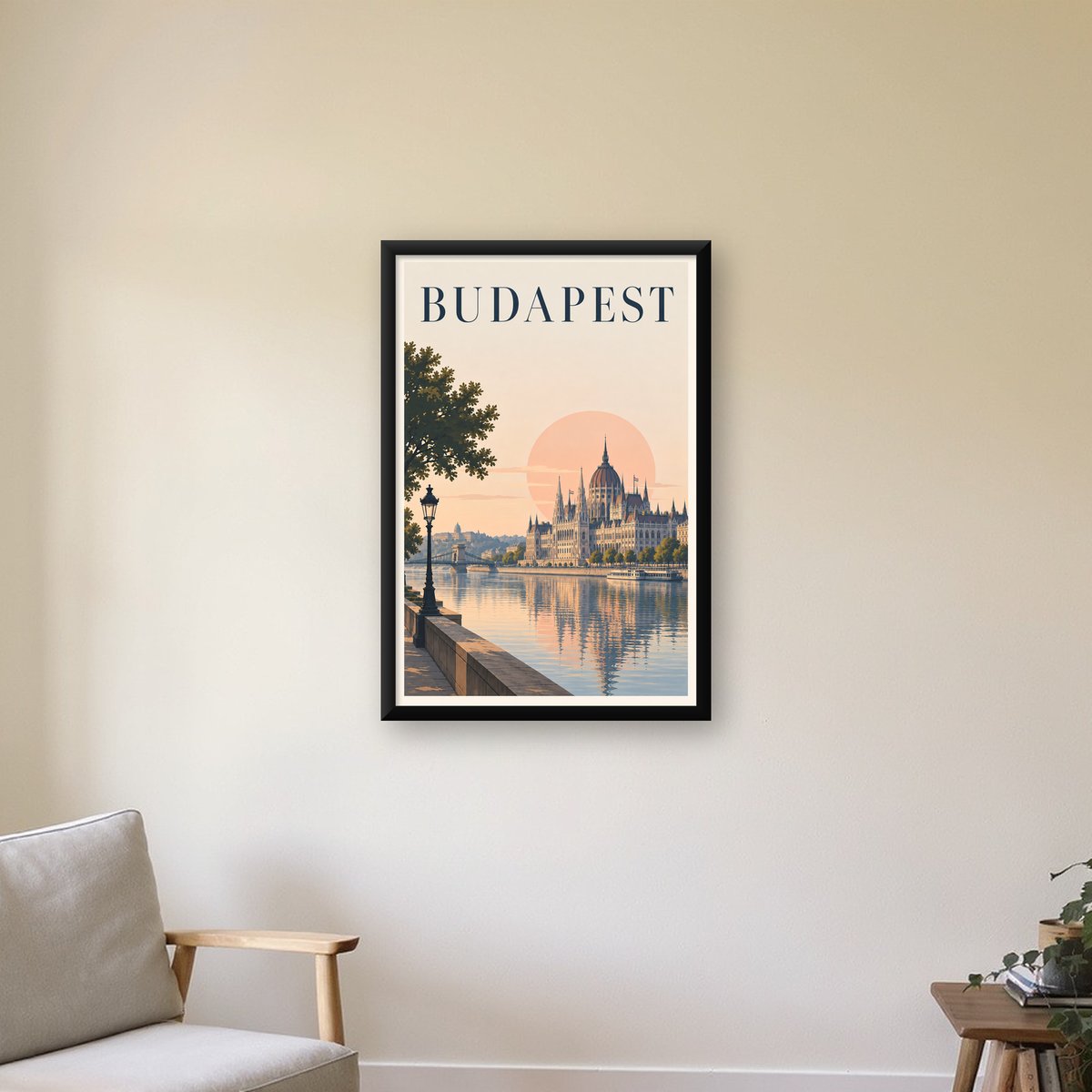 Budapeşte Şehir Manzarası Pastel Dijital Poster — Dikey baskı, çerçeveli hâliyle bir ev duvarında