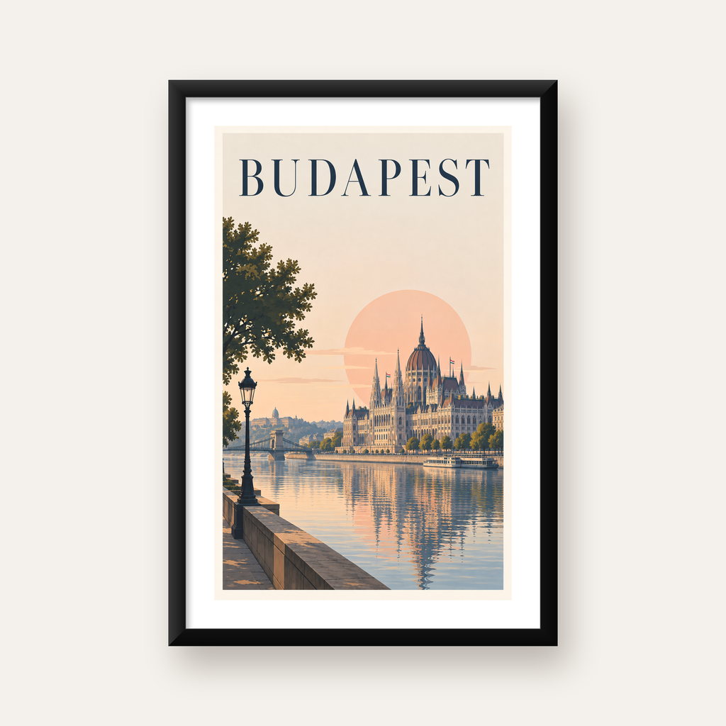 Budapeşte Şehir Manzarası Pastel Dijital Poster — Dikey baskı, beyaz paspartulu