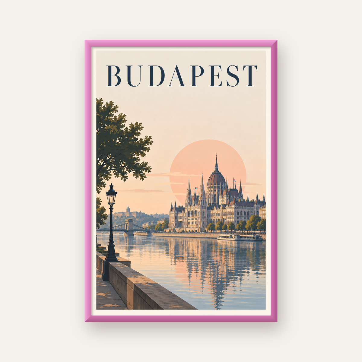 Budapeşte Şehir Manzarası Pastel Dijital Poster — pembe çerçeveli