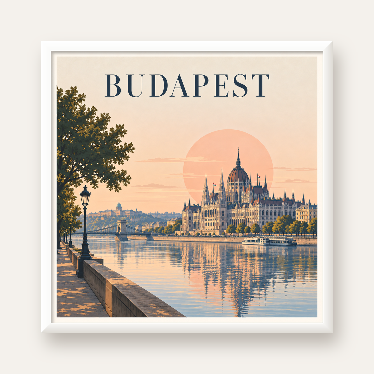 Budapeşte Şehir Manzarası Pastel Dijital Poster — beyaz çerçeveli kare poster