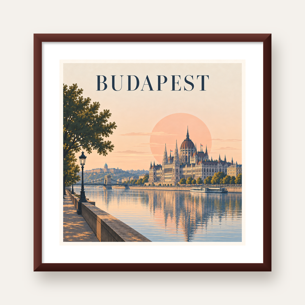 Budapeşte Şehir Manzarası Pastel Dijital Poster — ceviz çerçeveli paspartulu