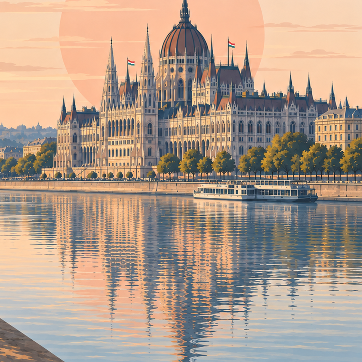 Budapeşte Şehir Manzarası Pastel Dijital Poster — baskının yakın çekimi, kâğıt dokusu ve renk detayı