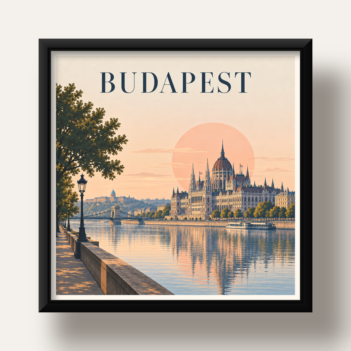 Budapeşte Şehir Manzarası Pastel Dijital Poster — siyah derin çerçeveli