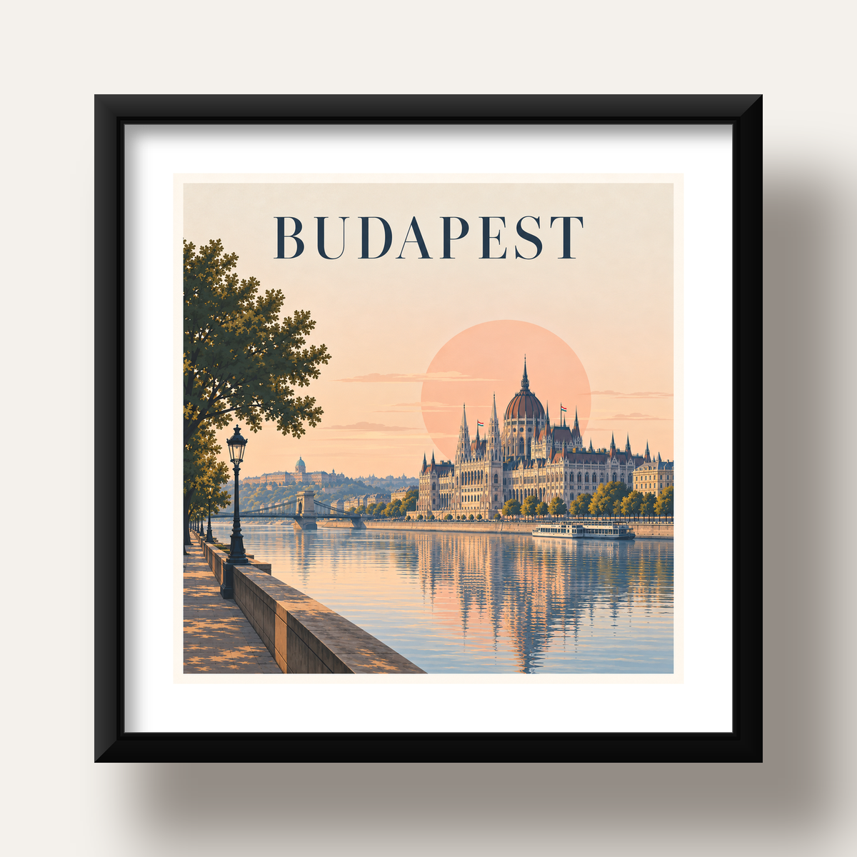 Budapeşte Şehir Manzarası Pastel Dijital Poster — siyah derin çerçeveli paspartulu